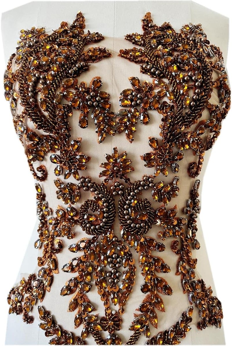 PLune Handmade Shiny Rhinestones Applique handsewing Beaded Sequins Crystal on lace Trim Patches for Prom Dress Clothing Decorative Accessories (Brown) - Image 1